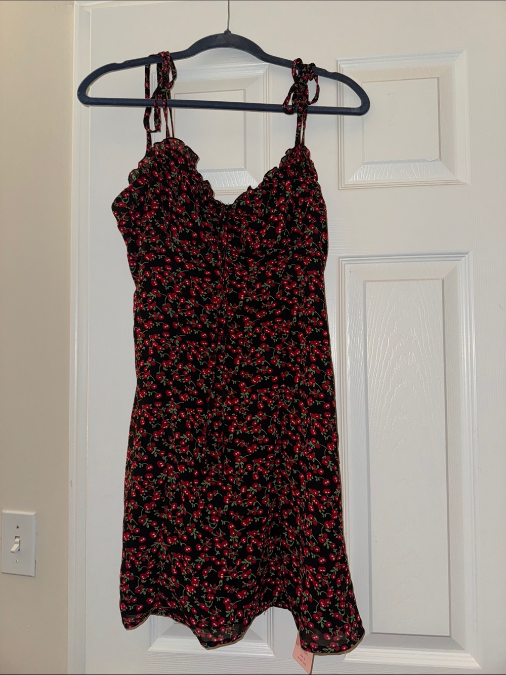 SHEIN Black Cherry Print Tie-Strap Mini Dress